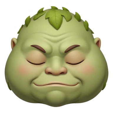 Meme-Worthy Cute Sleeping Ogre Portrait Emoji, with a surprisingly endearing, plump figure in soft earthy greens and browns, head drooping gently with closed, relaxed eyes and a content, sleepy grin, simplified yet adorably detailed, glowing with a soft warm outline that captures the peaceful slumber of a friendly ogre after a day of gentle mischief! sticker
