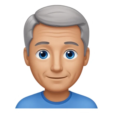 Middle aged man with tanned skin, receding dark grey hair and no beard, blue eyes, shy smile sticker