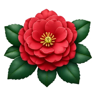 Traditional red camellia japonica (tsubaki) flower with perfectly symmetrical layered petals and glossy dark green leaves sticker