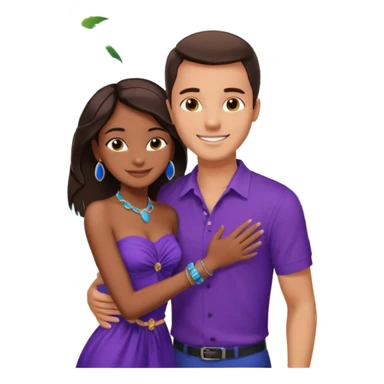 Tan tall brunette European male in blue shirt smiling and hugging a jet black African girl in purple strapless dress and blue jewelry they are on a beach with palm trees sticker
