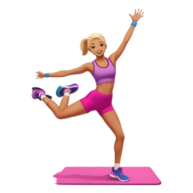 An energetic person performing an aerobics workout in a brightly lit gym, jumping and stretching with enthusiasm. The scene includes vibrant fitness equipment like dumbbells and exercise mats, with a background of cheerful, motivating colors, conveying energy and movement. sticker