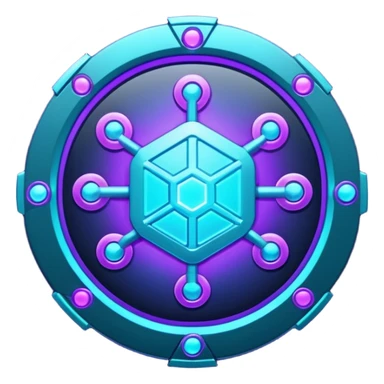 Futuristic blockchain node badge icon, circular emblem with interconnected glowing nodes, all nodes softly illuminated, neon cyan and violet gradient, sci-fi web3 game UI style, metallic rim, dark background, 3D polished game asset, sharp and high detail, centered composition sticker