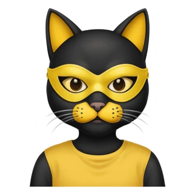 a black cat with yellow mask and shirt, half upon
 sticker