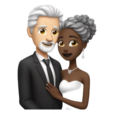 A pale white man with grey hair and with a goatee has just married, with a black woman with black neck length curly hair and a brown complexion. They have a lot of money. they are hugged sticker