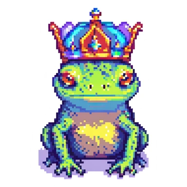 pixel art crowned frog, simple and colorful sticker