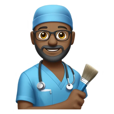 male dark blond haired doctor in scrub cap with grey van dyke beard with hazel eyes and small wire-rimmed glasses in blue scrubs holding a large paintbrush sticker