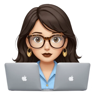 A white woman with long wavy dark brown hair and a whispy bang, wearing thick tortoise SQUARE glasses, gold drop earrings. She has long lashes and a nude browny glossy lipstick. She's wearing an oversize light blue shirt with white vertical strips. She's working on a laptop sticker
