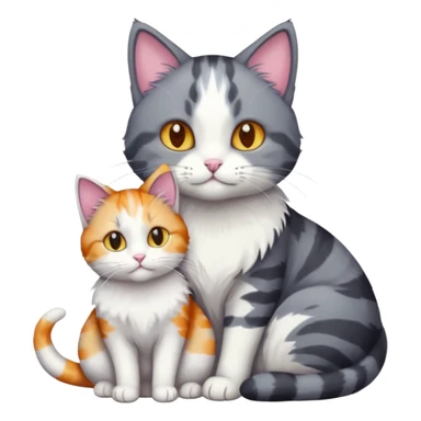 full body dark grey and white cat cuddling a colourful light patched calico + white tabby cat  sticker