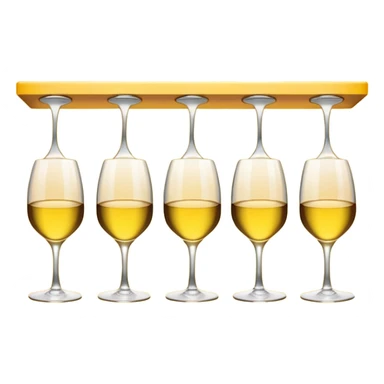 A row of hanging wine glasses upside-down under a yellow light shelf
 sticker