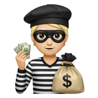 Realistic ios emoji-style portrait of a classic burglar, a black eye mask and a black-and-white striped shirt. emoji-like hair, black hat, a bag of money 💰 with a dollar sign in a right corner, evil expression  sticker