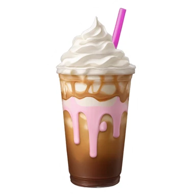 Caramel iced coffee with whipped cream and caramel drizzle with light pink straw sticker