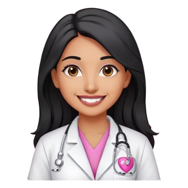 Indian doctor female with olive skin wearing pink scrubs and lab coat with black long hair and smile  sticker