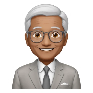 70 yr old indian man, short straight white hair brushed back, light grey business suit, big smile, dark brown skin, no moustache, dark brown eyes, glasses
 sticker