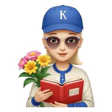 ["A happy girl with light skin, bald, wearing a baseball cap and sunglasses, dressed in K-pop fashion, is reading a book while holding a flower bouquet."] sticker