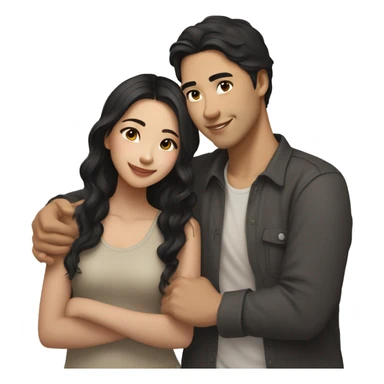A half pale Asian man with short dark hair and amber eyes embracing and loving a half Asian woman with long wavy dark hair and dark hazel eyes. They love each other a lot And have good fashion taste. And are having a lot of fun sticker