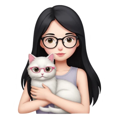 Skinny woman with oval glasses, long straight black hair, pink cheek blush, wearing white sleeveless top, hugging a grey Persian-Angora cat, plain background sticker