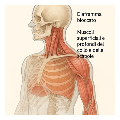 illustrazione con effetto trasparenza che mostra diaframma bloccato e muscoli superficiali e profondi del collo e delle scapole, didascalia in italiano sticker