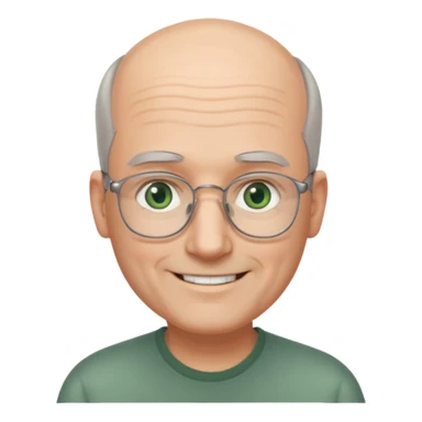 Balding man with receding hair, grey hair only on the sides, green eyes, rectangular reading glasses, rounded clear face, with a smile sticker