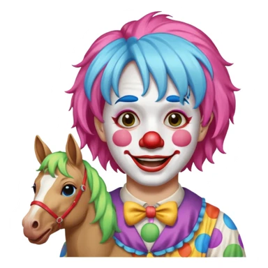a crying but smiling and showing a peace sign clown face riding a horse sticker