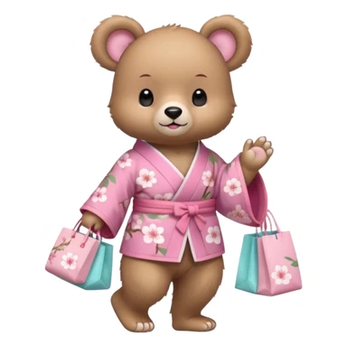 A cute baby bear character in pastel style, standing upright like a human. 
Light brown soft fur, large round ears, rounded paws and feet. 
Wearing a pink kimono with soft cherry blossom patterns on the sleeves and bottom, Holding a cute pastel shopping bag with one paw, walking pose. sticker