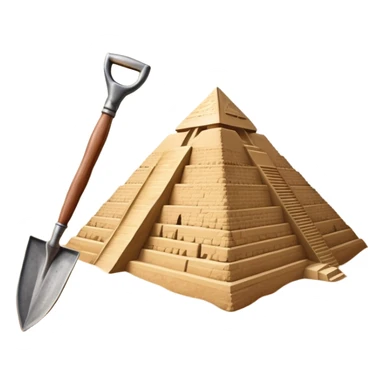 An icon showing archaeological tools like a trowel, brush, and pickaxe placed on sandy ground, with an Egyptian pyramid in the background. The design symbolizes excavation and discovery of ancient history, blending tools and iconic landmarks. Transparent background. sticker