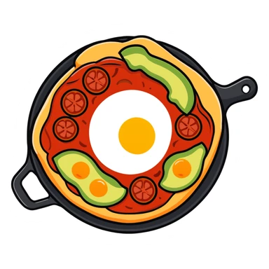A delicious breakfast skillet with pizza cheese, tomato sauce, pepperoni, sliced avocado, and a sunny side up egg sticker