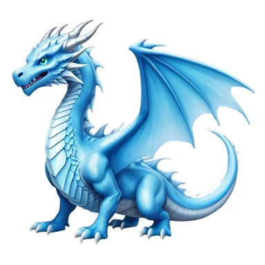 Cinematic Noble wise elegant Ice Dragon full body  Emoji, Poised and imposing, distinct long elegant snout, with a slender, scaled body shimmering in glacial hues of icy blue, frostbitten silver, and crystalline white, breathing out frost, with piercing, glowing ice blue white eyes that radiate the chilling depths of an arctic storm; rendered in detail. excuding wisdom sticker