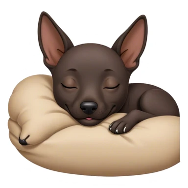 Meme-Worthy Cute Sleeping Xoloitzcuintle dog Portrait Emoji, Head resting peacefully with a contented smile, showcasing a sleek, muscular build with smooth, hairless ebony skin and gently relaxed wrinkles, eyes shut in a serene nap, Simplified yet hilariously adorable features, highly detailed, glowing with a soft, drowsy light, high shine, relaxed and utterly lovable, stylized with an air of playful laziness, bright and heartwarming, soft glowing outline, capturing the essence of a comically sleepy guardian, so meme-worthy it feels like it could instantly become the next viral sensation of adorable slumber! sticker
