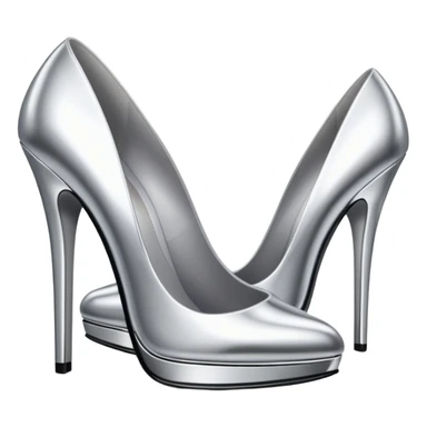 A pair of high heel shoes emoji made of polished silver chrome, elegant sharp silhouette, smooth metallic surface, glossy reflections, luxury sexy vibe, minimalistic iOS emoji style, centered, clean white background sticker