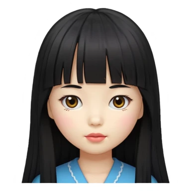 girl with long black hair, Korean style bangs, doll emoji style, head slightly tilted sticker