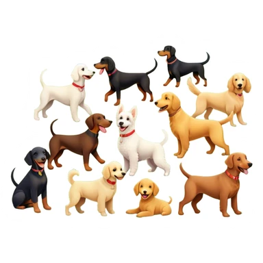 Collage of various dog breeds like Doberman, Poodle, Dachshund, and Golden Retriever, playing in a park with trees and grass. Some dogs run, others sit, all are full of energy and happiness. A joyful, colorful scene with playful expressions. Transparent background. sticker