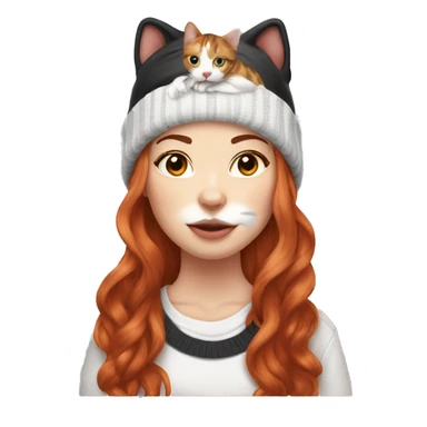 Long Red haired woman in beanie with septum piercing holding black and white English Staffordshire puppy and tabby cat sticker