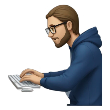 Brown hair white man with a beard and round glasses typing on apple computer wearing a dark blue nike hoodie sticker