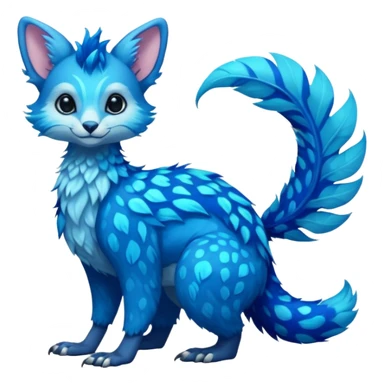 Feral Rare Fantasy shiny soft fuzzy furry vibrant tropical cobalt-blue and cyan Vernid-Trico-species-creature by LiLaiRa, random markings, tufted tail, tufted ears, full body sticker