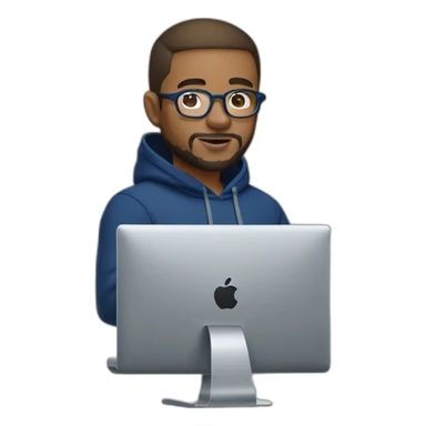 Brown short hair white man with a beard and round glasses typing on apple computer wearing a dark blue nike hoodie sticker