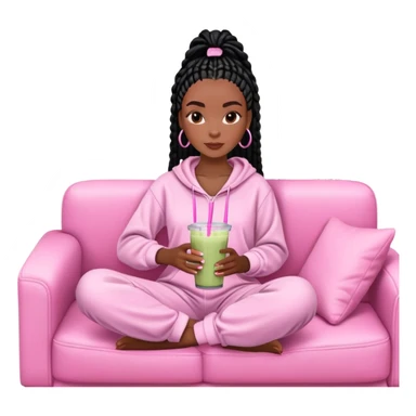 A dark-brown-skinned Black woman with black box braids, sitting on a pink couch, holding a smoothie cup with a straw, and looking relaxed. She’s wearing comfy loungewear in a cozy setting. sticker