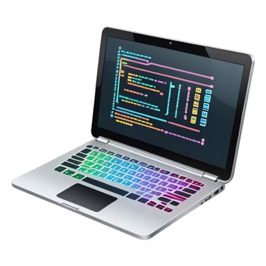 An icon featuring a laptop screen with colorful lines of code, brackets, and a blinking cursor, symbolizing programming. The design includes flowcharts, gear icons, and binary code, representing software development and logical problem-solving. Transparent background highlights the world of coding. sticker