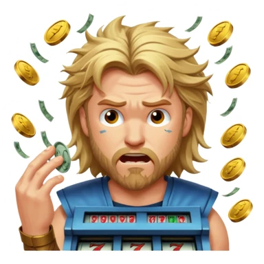 disheveled Thor losing money at a slot machine, panicked face, coins flying sticker