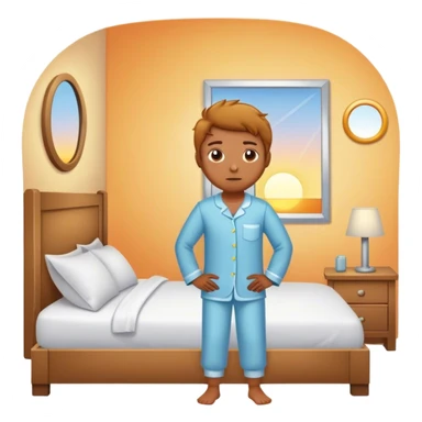A person stands beside their bed, with determination. The bed behind them is neatly made, a mirror in front of them . A glowing sunrise outside signals the start of a productive day. sticker