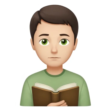 Thoughtful gentle man, fair skin, short dark brown hair, calm green eyes, simple light green shirt, waist-up front-facing, holding a closed book, serene expression, minimal background, soft lighting. sticker