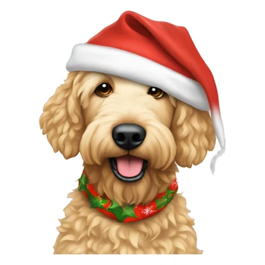 Golden Labrodoodle with a christmas themed bandana and a santa hat on sticker