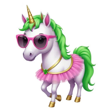 friendly anthropomorphised female unicorn with horse-like face, in tutu and pink t-shirt, wearing dark sunglasses, holding a shamrock or wearing a green accessory for St. Patrick's Day sticker