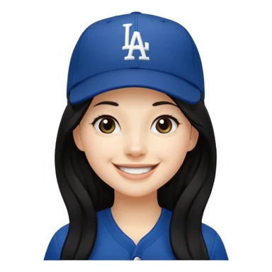 Can you make an emoji of a girl with fair skin with black long hair wearing an LA dodger hat. Only include her face no neck.  sticker