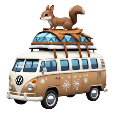 A parked VW bus painted white and black and fill with different 3d crystals and 3d crystals secured to roof surrounded by winter scenery with squirrels, birds, rabbits, wolves and driven by a brunette hippie with headband sticker