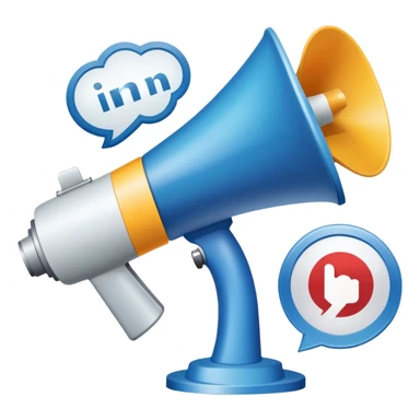 An icon featuring a megaphone, a press release, and a social media icon, symbolizing advertising and public relations. The design includes a billboard and communication network lines, representing brand promotion and media outreach. Transparent background highlights the power of communication. sticker
