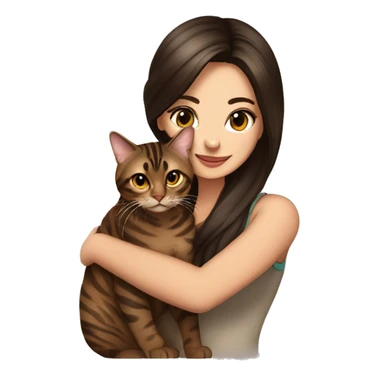 Beautiful woman long dark brown hair hug bengal cat sticker