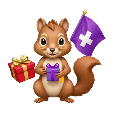 realistic squirrel holding a purple gift box in one hand and a red Swiss flag in the other, both objects clearly visible, simple white background, the gift is a different color from the flag sticker