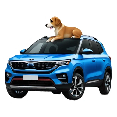 Dog sitting on a 2024 blue Kia seltos EX sticker