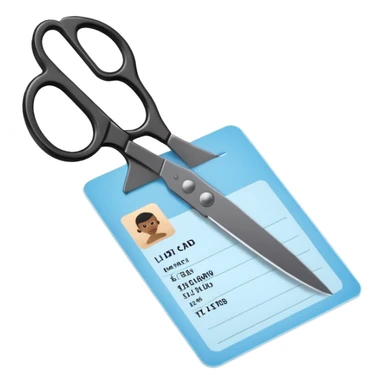 Floating black Scissors cutting a light blue military ID card in 2 parts .hyper realistic sticker