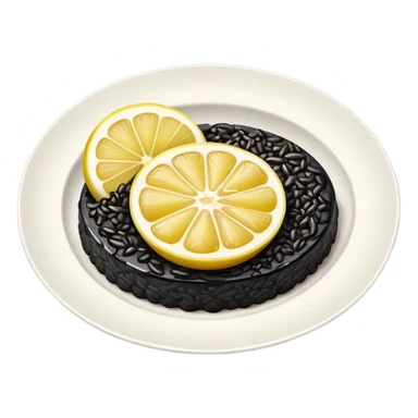 cinematic-realistic-black-risotto-dish,-showcasing-dramatic-lighting in a white plate with a single slice of grilled lemon on top sticker